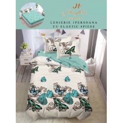 Lenjerie Finet, 4 Piese, Pat 1 persoana, cearsaf cu ELASTIC, Crem-Multicolor, fluturi, LOP-028