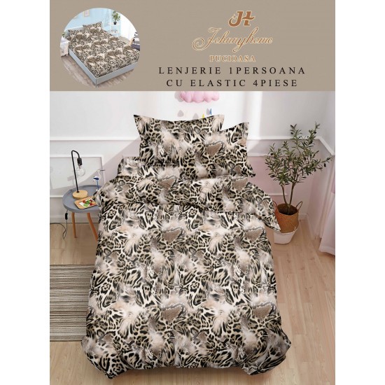 Lenjerie Finet, 4 Piese, Pat 1 persoana, cearsaf cu ELASTIC, Maro-Bej, animal print, LOP-020 Lenjerii FInet 1 Persoana cu ELASTIC