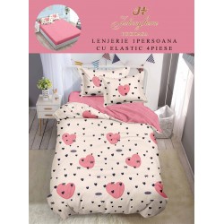 Lenjerie Finet, 4 Piese, Pat 1 persoana, cearsaf cu ELASTIC, Alb-Roz, inimi, LOP-052
