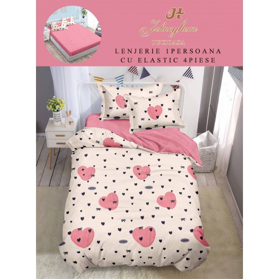 Lenjerie Finet, 4 Piese, Pat 1 persoana, cearsaf cu ELASTIC, Alb-Roz, inimi, LOP-052 Lenjerii FInet 1 Persoana cu ELASTIC