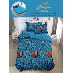 Lenjerie Finet, 4 Piese, Pat 1 persoana, cearsaf cu ELASTIC, Albastru-Multicolor, fluturi, LOP-031