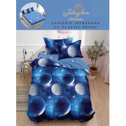 Lenjerie Finet, 4 Piese, Pat 1 persoana, cearsaf cu ELASTIC, Albastru-Alb, planete, LOP-009