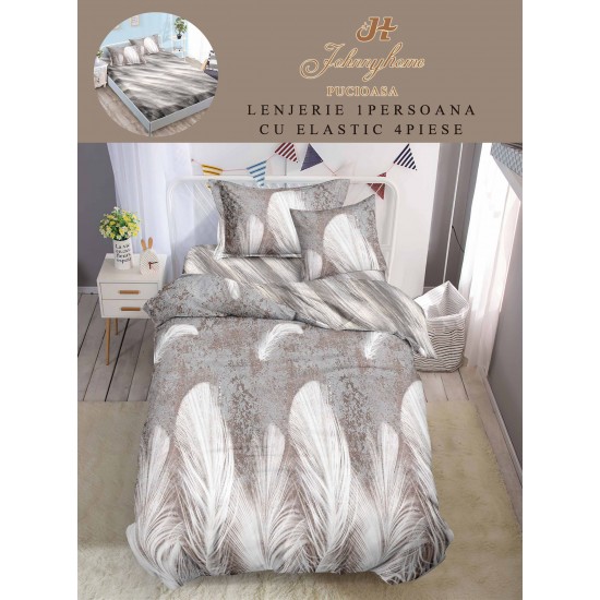 Lenjerie Finet, 4 Piese, Pat 1 persoana, cearsaf cu ELASTIC, Bej-Alb, pene, LOP-036 Lenjerii FInet 1 Persoana cu ELASTIC