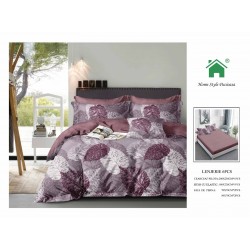 Set Lenjerie de pat din Finet Gros, Cearceaf cu ELASTIC, 6 Piese, Pat 2 Persoane, Alb-Mov, frunze, LDE-196