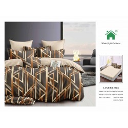 Set Lenjerie de pat din Finet Gros, Cearceaf cu ELASTIC, 6 Piese, Pat 2 Persoane, Bej-Maro, triunghiuri, LDE-193