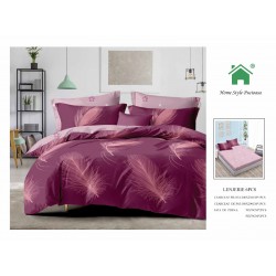 Set Lenjerie de pat din Finet Gros, Cearceaf cu ELASTIC, 6 Piese, Pat 2 Persoane, Mov-Lila, pene, LDE-204