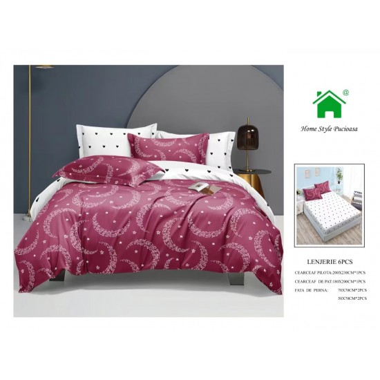 Set Lenjerie de pat din Finet Gros, Cearceaf cu ELASTIC, 6 Piese, Pat 2 Persoane, Bordo-Alb, semiluna, LDE-125 Lenjerii Finet 6 piese cu ELASTIC