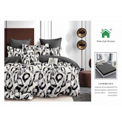 Set Lenjerie de pat din Finet Gros, Cearceaf cu ELASTIC, 6 Piese, Pat 2 Persoane, Alb-Gri, pete, LDE-019