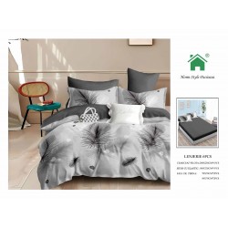 Set Lenjerie de pat din Finet Gros, Cearceaf cu ELASTIC, 6 Piese, Pat 2 Persoane, Gri-Negru, pene, LDE-183