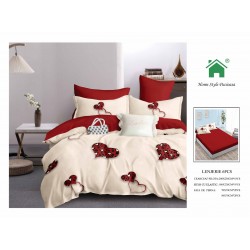 Set Lenjerie de pat din Finet Gros, Cearceaf cu ELASTIC, 6 Piese, Pat 2 Persoane, Crem-Rosu, inimi, LDE-195