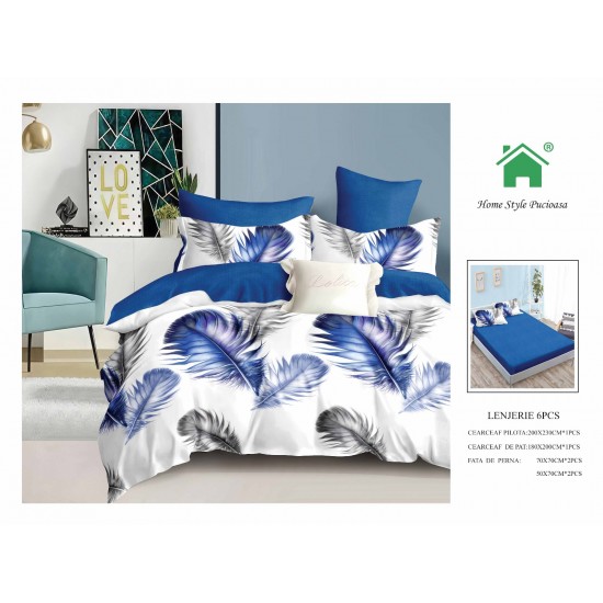Set Lenjerie de pat din Finet Gros, Cearceaf cu ELASTIC, 6 Piese, Pat 2 Persoane, Alb-Albastru, pene, LDE-207 Lenjerii Finet 6 piese cu ELASTIC