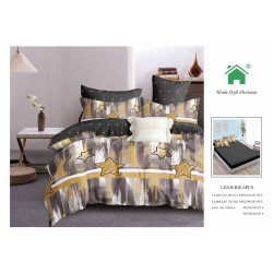 Set Lenjerie de pat din Finet Gros, Cearceaf cu ELASTIC, 6 Piese, Pat 2 Persoane, Maro-Negru, stele, LDE-205