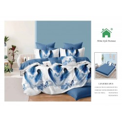 Set Lenjerie de pat din Finet Gros, Cearceaf cu ELASTIC, 6 Piese, Pat 2 Persoane, Albastru-Alb, pene, LDE-201