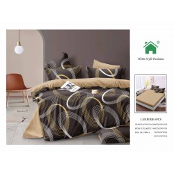 Set Lenjerie de pat din Finet Gros, Cearceaf cu ELASTIC, 6 Piese, Pat 2 Persoane, Maro-Bej, cercuri, LDE-185