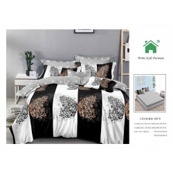 Set Lenjerie de pat din Finet Gros, Cearceaf cu ELASTIC, 6 Piese, Pat 2 Persoane, Alb-Negru, fluturi, LDE-175