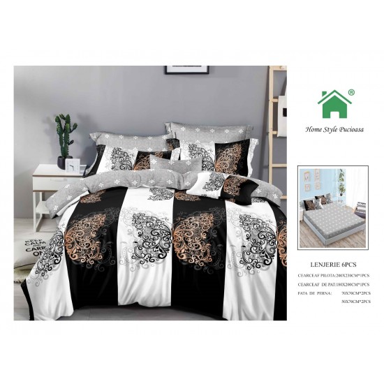 Set Lenjerie de pat din Finet Gros, Cearceaf cu ELASTIC, 6 Piese, Pat 2 Persoane, Alb-Negru, fluturi, LDE-175 Lenjerii Finet 6 piese cu ELASTIC