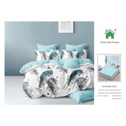 Set Lenjerie de pat din Finet Gros, Cearceaf cu ELASTIC, 6 Piese, Pat 2 Persoane, Alb-Blue, pene, LDE-190