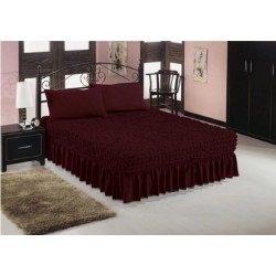 Set Husa de pat + 2 fete perna elastice si creponate, cu volanas, Bordo, HPC-004