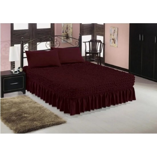 Set Husa de pat + 2 fete perna elastice si creponate, cu volanas, Bordo, HPC-004 Huse Pat Creponate