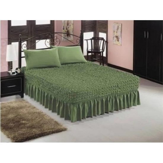 Set Husa de pat + 2 fete perna elastice si creponate, cu volanas, Verde, HPC-006 Huse Pat Creponate
