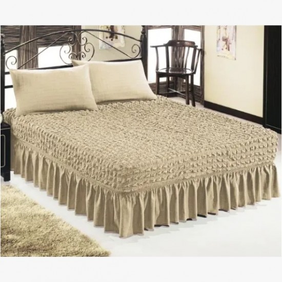 Set Husa de pat + 2 fete perna elastice si creponate, cu volanas, Crem, HPC-008 Huse Pat Creponate