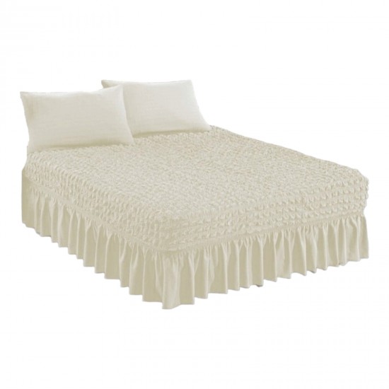 Set Husa de pat + 2 fete perna elastice si creponate, cu volanas, Alb, HPC-010 Huse Pat Creponate