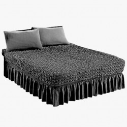 Set Husa de pat + 2 fete perna elastice si creponate, cu volanas, Negru, HPC-012