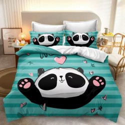Set Lenjerie de Pat din Finet, 6 Piese, Pat 2 Persoane, Imprimeu 3D Identic cu Poza, Verde-Multicolor, panda, LFL-014
