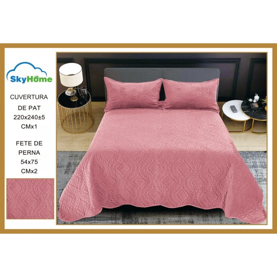 Set Cuvertura de Pat din Catifea, 3 Piese, Pat 2 Persoane, Roz, CCV-054 Cuverturi Catifea 3 piese