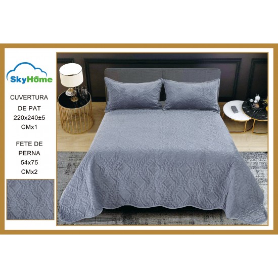 Set Cuvertura de Pat din Catifea, 3 Piese, Pat 2 Persoane, Gri, CCV-055 Cuverturi Catifea 3 piese