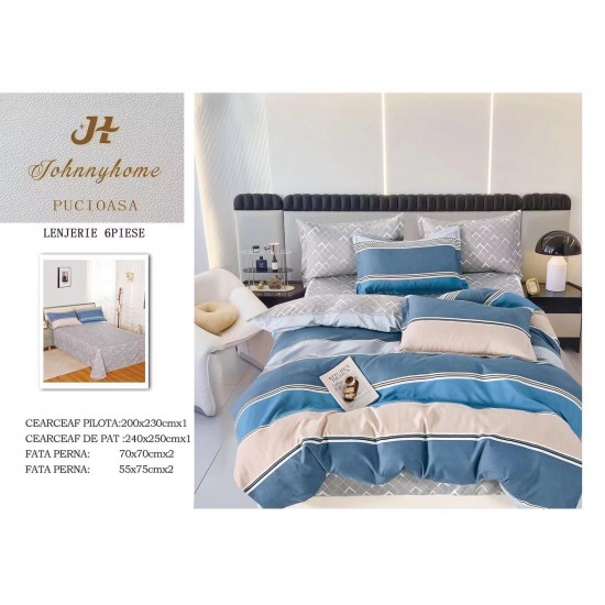 Set Lenjerie de Pat din Finet cu 2 Fete, 6 Piese, Pat 2 Persoane, Albastru-Crem, dungi, LDF-012 Lenjerii Finet 6 piese