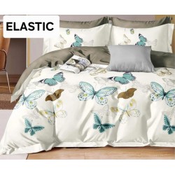 Lenjerie pat dublu, 4 piese, Bumbac Satinat Superior, cu ELASTIC, Alb-Multicolor, fluturi, OLBS-049