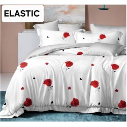 Lenjerie pat dublu, 4 piese, Bumbac Satinat Superior, cu ELASTIC, Alb-Rosu, flori,  OTM-005