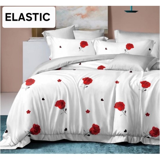 Lenjerie pat dublu, 4 piese, Bumbac Satinat Superior, cu ELASTIC, Alb-Rosu, flori,  OTM-005 Oferta Trio Mix 199