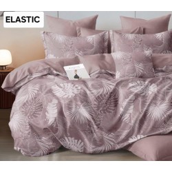 Lenjerie pat dublu, 4 piese, Bumbac Satinat Superior, cu ELASTIC, Roz-Alb, frunze, OLBS-050