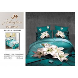 Set Lenjerie de Pat din Bumbac Satinat, 4 Piese, Pat 2 Persoane, Imprimeu 3D Identic cu Poza, Verde-Alb, flori, LSD-001