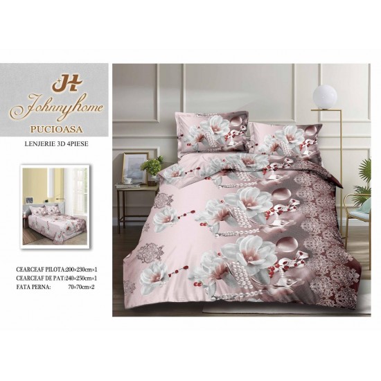 Set Lenjerie de Pat din Bumbac Satinat, 4 Piese, Pat 2 Persoane, Imprimeu 3D Identic cu Poza, Lila-Alb, flori, LSD-002 Lenjerii de Pat 3D