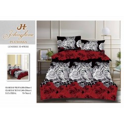 Set Lenjerie de Pat din Bumbac Satinat, 4 Piese, Pat 2 Persoane, Imprimeu 3D Identic cu Poza, Alb-Rosu, flori, LSD-003