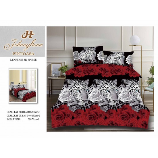 Set Lenjerie de Pat din Bumbac Satinat, 4 Piese, Pat 2 Persoane, Imprimeu 3D Identic cu Poza, Alb-Rosu, flori, LSD-003 Lenjerii de Pat 3D