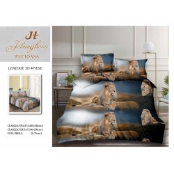 Set Lenjerie de Pat din Bumbac Satinat, 4 Piese, Pat 2 Persoane, Imprimeu 3D Identic cu Poza, Gri-Maro, leu, LSD-004