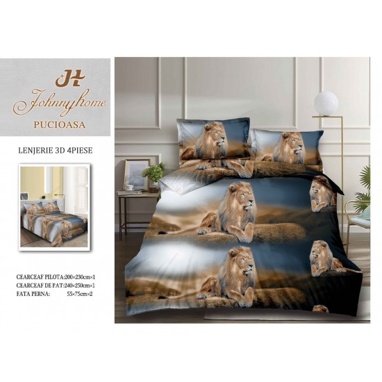 Set Lenjerie de Pat din Bumbac Satinat, 4 Piese, Pat 2 Persoane, Imprimeu 3D Identic cu Poza, Gri-Maro, leu, LSD-004 Lenjerii de Pat 3D