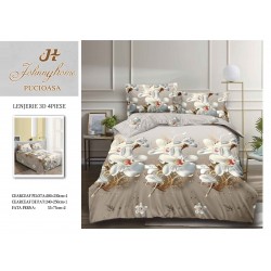 Set Lenjerie de Pat din Bumbac Satinat, 4 Piese, Pat 2 Persoane, Imprimeu 3D Identic cu Poza, Bej-Alb, flori, LSD-005