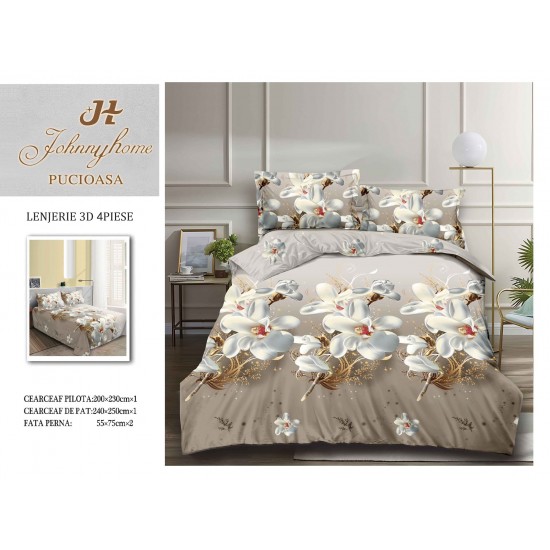 Set Lenjerie de Pat din Bumbac Satinat, 4 Piese, Pat 2 Persoane, Imprimeu 3D Identic cu Poza, Bej-Alb, flori, LSD-005 Lenjerii de Pat 3D