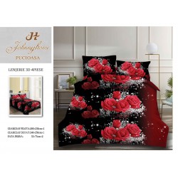 Set Lenjerie de Pat din Bumbac Satinat, 4 Piese, Pat 2 Persoane, Imprimeu 3D Identic cu Poza, Rosu-Negru, flori, LSD-006