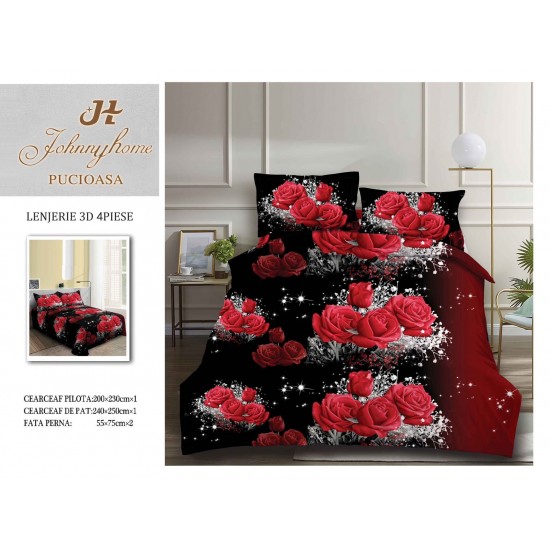 Set Lenjerie de Pat din Bumbac Satinat, 4 Piese, Pat 2 Persoane, Imprimeu 3D Identic cu Poza, Rosu-Negru, flori, LSD-006 Lenjerii de Pat 3D