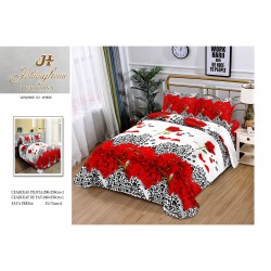 Set Lenjerie de Pat din Bumbac Satinat, 4 Piese, Pat 2 Persoane, Imprimeu 3D Identic cu Poza, Alb-Rosu, flori, LSD-007