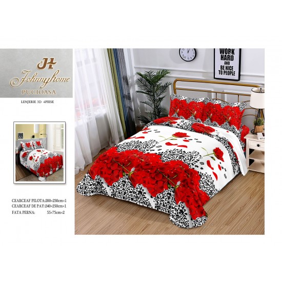 Set Lenjerie de Pat din Bumbac Satinat, 4 Piese, Pat 2 Persoane, Imprimeu 3D Identic cu Poza, Alb-Rosu, flori, LSD-007 Lenjerii de Pat 3D