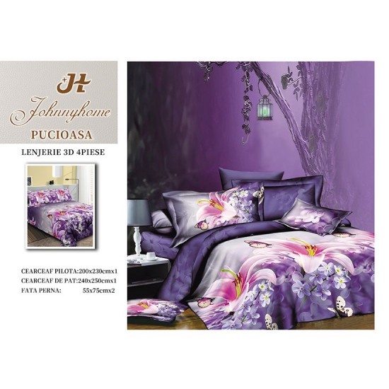 Set Lenjerie de Pat din Bumbac Satinat, 4 Piese, Pat 2 Persoane, Imprimeu 3D Identic cu Poza, Mov-Lila, flori, LSD-009 Lenjerii de Pat 3D