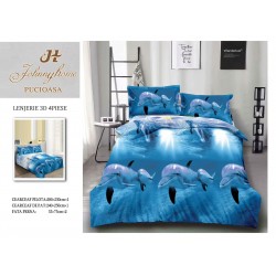 Set Lenjerie de Pat din Bumbac Satinat, 4 Piese, Pat 2 Persoane, Imprimeu 3D Identic cu Poza, Albastru, delfini, LSD-010