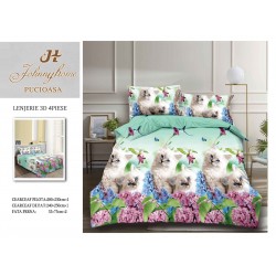 Set Lenjerie de Pat din Bumbac Satinat, 4 Piese, Pat 2 Persoane, Imprimeu 3D Identic cu Poza, Alb-Verde, pisica, LSD-013